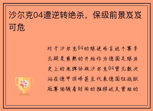 沙尔克04遭逆转绝杀，保级前景岌岌可危