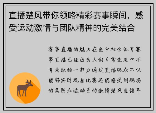 直播楚风带你领略精彩赛事瞬间，感受运动激情与团队精神的完美结合